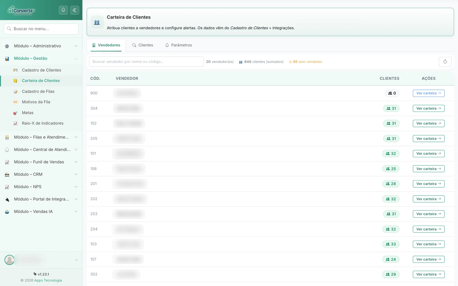 Tela de CRM e Carteira de Clientes