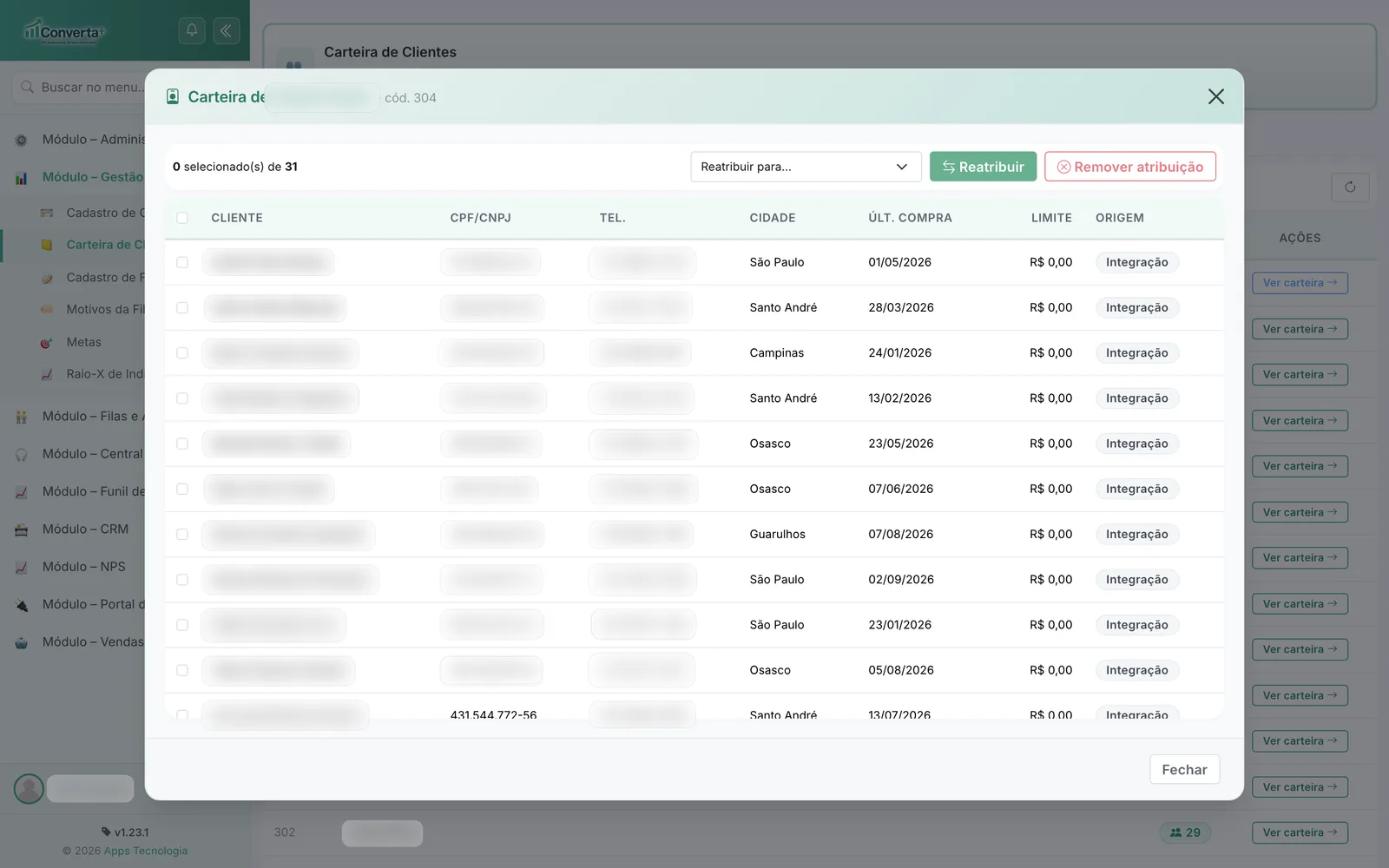 CRM e Carteira de Clientes — Agendamentos
