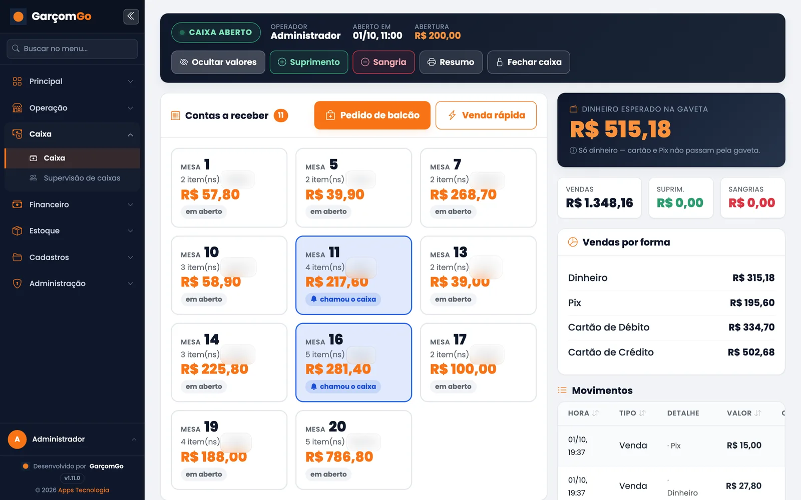 GarçomGo — Caixa e PDV