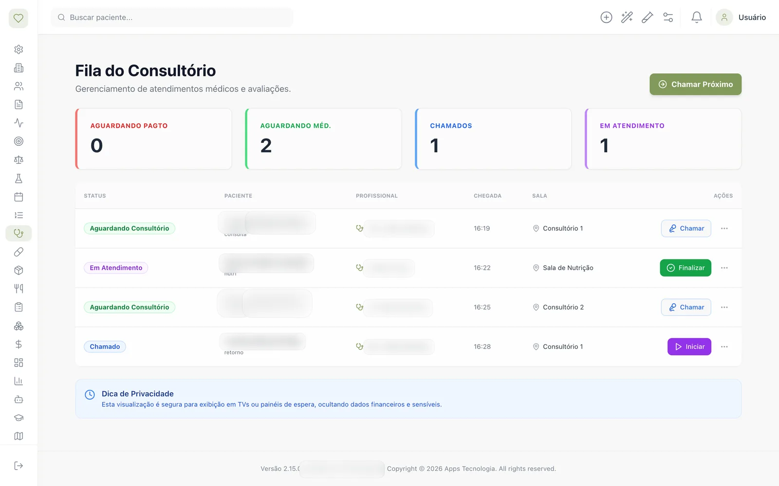 Agenda e Fila de Consultório — Fila ao vivo